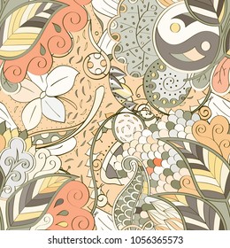 Tracery seamless pattern. Mehndi design. Ethnic colorful doodle texture. Curved doodling background. Vector