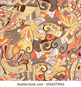 Tracery seamless pattern. Mehndi design. Ethnic colorful doodle texture. Curved doodling background. Vector