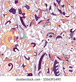 Tracery seamless pattern. Mehndi design. Ethnic colorful doodle texture. Curved doodling background. Vector