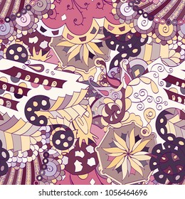 Tracery seamless pattern. Mehndi design. Ethnic colorful doodle texture. Curved doodling background. Vector