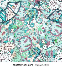 Tracery seamless pattern. Mehndi design. Ethnic colorful doodle texture. Curved doodling background. Vector