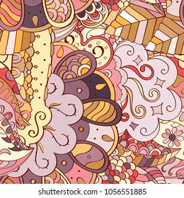 Tracery seamless pattern. Mehndi design. Ethnic colorful doodle texture. Curved doodling background. Vector