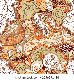 Tracery seamless pattern. Mehndi design. Ethnic colorful doodle texture. Curved doodling background. Vector