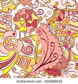 Tracery seamless pattern. Mehndi design. Ethnic colorful doodle texture. Curved doodling background. Vector