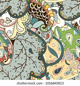 Tracery seamless pattern. Mehndi design. Ethnic colorful doodle texture. Curved doodling background. Vector