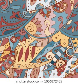 Tracery seamless pattern. Mehndi design. Ethnic colorful doodle texture. Curved doodling background. Vector