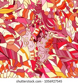 Tracery seamless pattern. Mehndi design. Ethnic colorful doodle texture. Curved doodling background. Vector