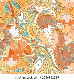 Tracery seamless pattern. Mehndi design. Ethnic colorful doodle texture. Curved doodling background. Vector