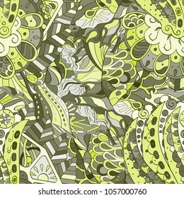 Tracery seamless pattern. Mehndi design. Ethnic colorful doodle texture. Curved doodling background. Vector
