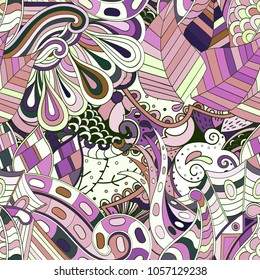 Tracery seamless pattern. Mehndi design. Ethnic colorful doodle texture. Curved doodling background. Vector