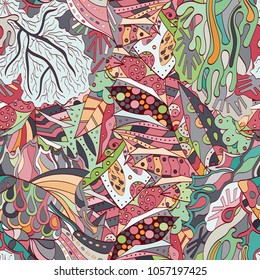 Tracery seamless pattern. Mehndi design. Ethnic colorful doodle texture. Curved doodling background. Vector