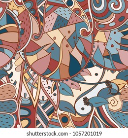 Tracery seamless pattern. Mehndi design. Ethnic colorful doodle texture. Curved doodling background. Vector