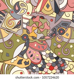 Tracery seamless pattern. Mehndi design. Ethnic colorful doodle texture. Curved doodling background. Vector