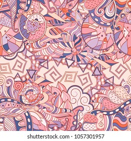 Tracery seamless pattern. Mehndi design. Ethnic colorful doodle texture. Curved doodling background. Vector