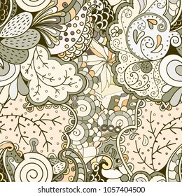 Tracery seamless pattern. Mehndi design. Ethnic colorful doodle texture. Curved doodling background. Vector