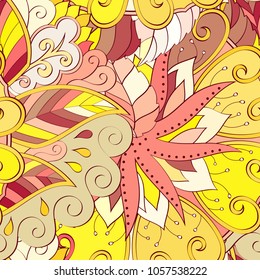 Tracery seamless pattern. Mehndi design. Ethnic colorful doodle texture. Curved doodling background. Vector