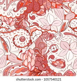 Tracery seamless pattern. Mehndi design. Ethnic colorful doodle texture. Curved doodling background. Vector