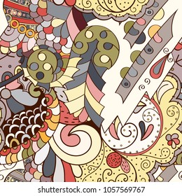 Tracery seamless pattern. Mehndi design. Ethnic colorful doodle texture. Curved doodling background. Vector