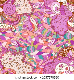 Tracery seamless pattern. Mehndi design. Ethnic colorful doodle texture. Curved doodling background. Vector