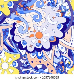 Tracery seamless pattern. Mehndi design. Ethnic colorful doodle texture. Curved doodling background. Vector
