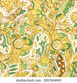 Tracery seamless pattern. Mehndi design. Ethnic colorful doodle texture. Curved doodling background. Vector