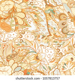 Tracery seamless pattern. Mehndi design. Ethnic colorful doodle texture. Curved doodling background. Vector