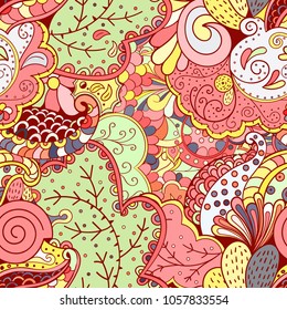 Tracery seamless pattern. Mehndi design. Ethnic colorful doodle texture. Curved doodling background. Vector
