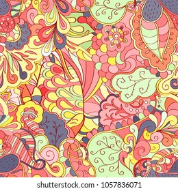 Tracery seamless pattern. Mehndi design. Ethnic colorful doodle texture. Curved doodling background. Vector