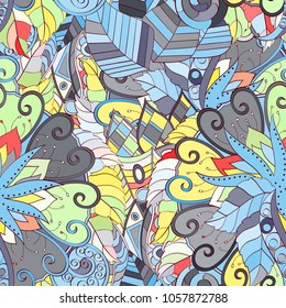 Tracery seamless pattern. Mehndi design. Ethnic colorful doodle texture. Curved doodling background. Vector