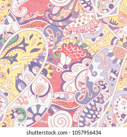 Tracery seamless pattern. Mehndi design. Ethnic colorful doodle texture. Curved doodling background. Vector