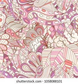 Tracery seamless pattern. Mehndi design. Ethnic colorful doodle texture. Curved doodling background. Vector