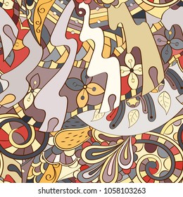 Tracery seamless pattern. Mehndi design. Ethnic colorful doodle texture. Curved doodling background. Vector