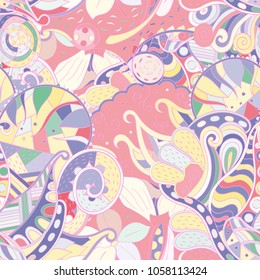 Tracery seamless pattern. Mehndi design. Ethnic colorful doodle texture. Curved doodling background. Vector