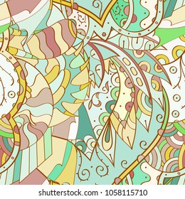 Tracery seamless pattern. Mehndi design. Ethnic colorful doodle texture. Curved doodling background. Vector