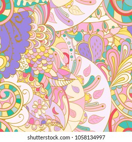 Tracery seamless pattern. Mehndi design. Ethnic colorful doodle texture. Curved doodling background. Vector