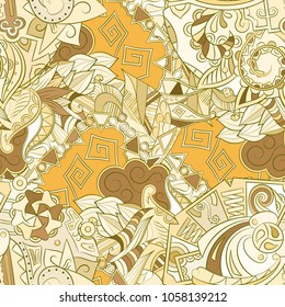 Tracery seamless pattern. Mehndi design. Ethnic colorful doodle texture. Curved doodling background. Vector