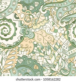 Tracery seamless pattern. Mehndi design. Ethnic colorful doodle texture. Curved doodling background. Vector