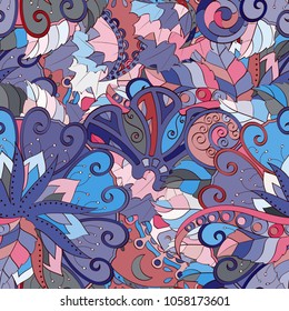 Tracery seamless pattern. Mehndi design. Ethnic colorful doodle texture. Curved doodling background. Vector