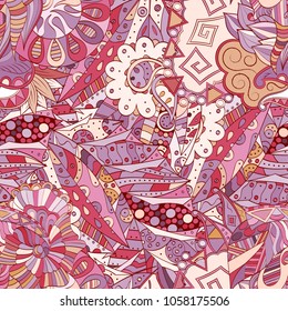 Tracery seamless pattern. Mehndi design. Ethnic colorful doodle texture. Curved doodling background. Vector