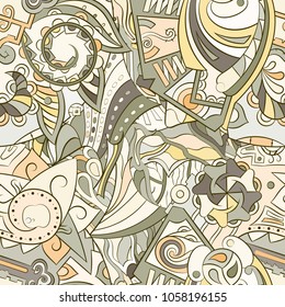 Tracery seamless pattern. Mehndi design. Ethnic colorful doodle texture. Curved doodling background. Vector