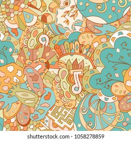 Tracery seamless pattern. Mehndi design. Ethnic colorful doodle texture. Curved doodling background. Vector