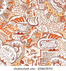 Tracery seamless pattern. Mehndi design. Ethnic colorful doodle texture. Curved doodling background. Vector