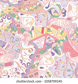 Tracery seamless pattern. Mehndi design. Ethnic colorful doodle texture. Curved doodling background. Vector