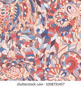 Tracery seamless pattern. Mehndi design. Ethnic colorful doodle texture. Curved doodling background. Vector