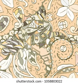 Tracery seamless pattern. Mehndi design. Ethnic colorful doodle texture. Curved doodling background. Vector