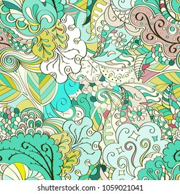 Tracery seamless pattern. Mehndi design. Ethnic colorful doodle texture. Curved doodling background. Vector