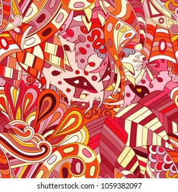 Tracery seamless pattern. Mehndi design. Ethnic colorful doodle texture. Curved doodling background. Vector