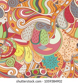 Tracery seamless pattern. Mehndi design. Ethnic colorful doodle texture. Curved doodling background. Vector