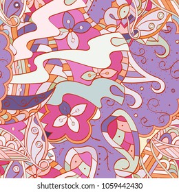 Tracery seamless pattern. Mehndi design. Ethnic colorful doodle texture. Curved doodling background. Vector