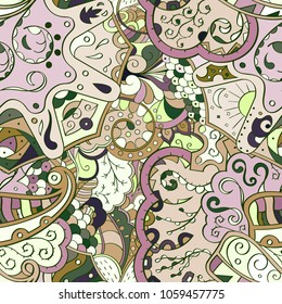 Tracery seamless pattern. Mehndi design. Ethnic colorful doodle texture. Curved doodling background. Vector